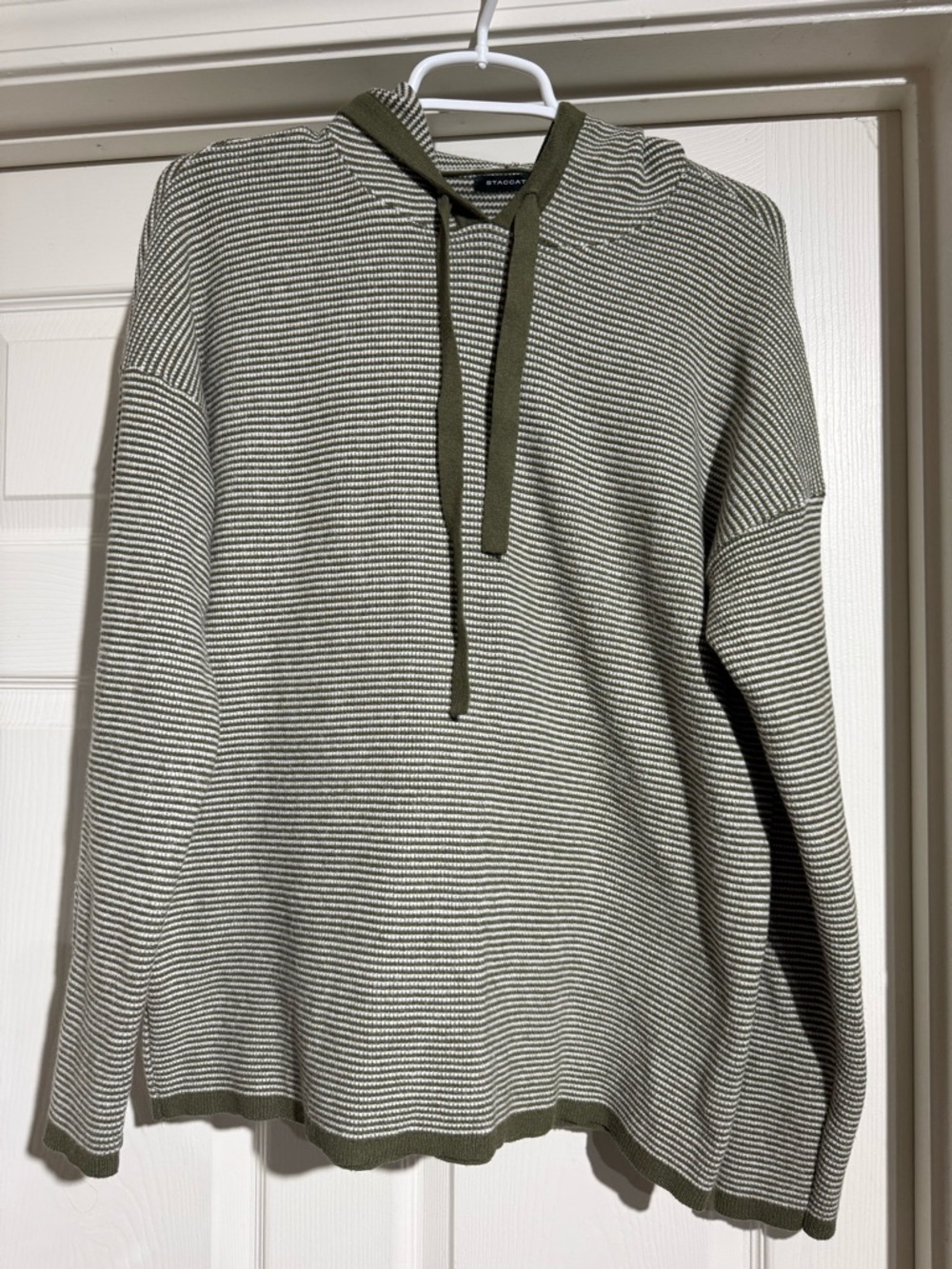 STACCATO Women's Striped Knit Hoodie Pullover Long Sleeve Green And Cream L